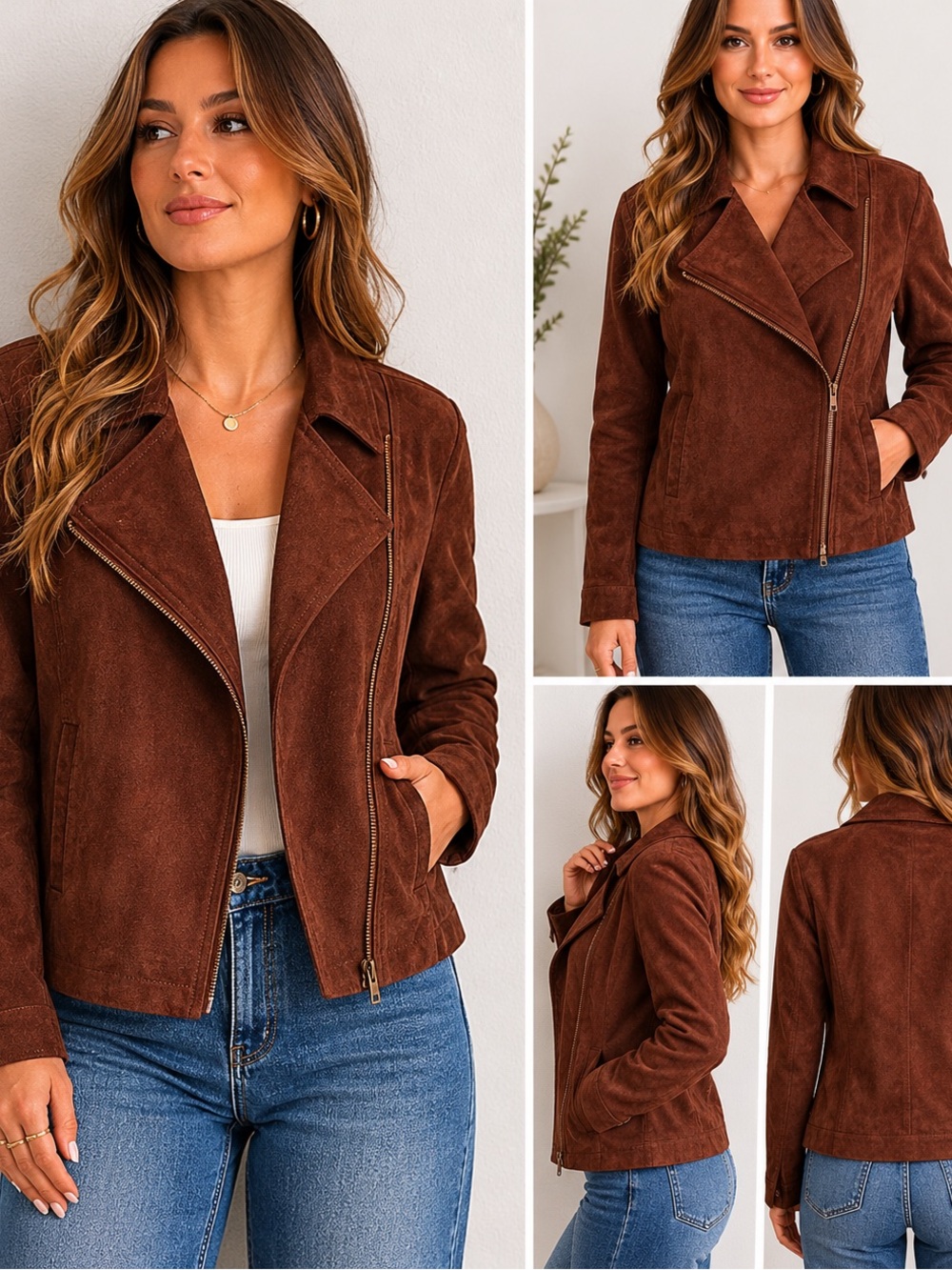 Eileen Fisher Suede Soft Brown Moto Jacket Size M Gorgeous!